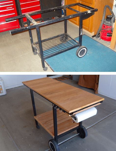 Outdoor Kitchen Bench, Outdoor Prep Station Diy, Diy Grill Area Cheap, Repurposed Grill Diy Projects, Blackstone Diy Table, Repurpose Old Grill Ideas, Outdoor Grill Table Diy, Grill Repurpose Ideas, Rv Outdoor Kitchen Organization