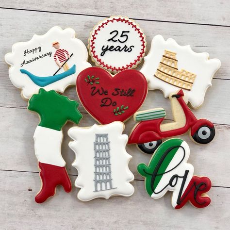 Krissy’s Cookies on Instagram: “25th Anniversary cookies for a sweet couple who had to reroute their celebration from Italy to home sweet home ❤️ Love you guys!…” Guys Instagram, Italian Themed Parties, Anniversary Cookies, S Cookies, Italian Party, 50th Anniversary Party, Italian Cookies, Royal Icing Cookies, Italian Wedding