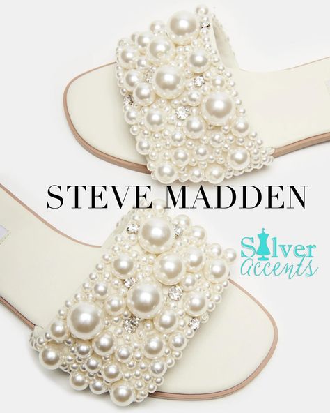 NEW ARRIVAL ALERT!! 🚨🚨 OPULENT + EASY + DREAMY. The Steve Madden KNICKY Pearl Sandals, $79.95, elevate the standard flat slide look with a wide strap encrusted with faux pearls in varying sizes for maximum shimmer! Slip-on style .5 inch heel height Synthetic upper material with ornaments Synthetic lining Synthetic sock Synthetic sole Imported Pearl Sandals, 5 Inch Heels, Silver Accents, Wide Straps, New Arrival, Faux Pearl, Steve Madden, Heel Height, Slip On