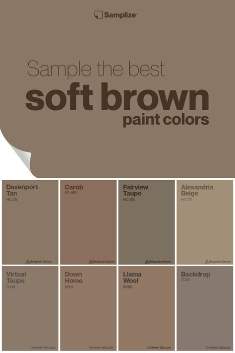 Sample the best soft brown paint colors with Samplize for your home painting projects! Best Light Brown Paint Colors, Brown Interior Paint Colors, Light Brown Paint Living Room, Medium Brown Paint Colors, Light Brown Accent Wall, Brown Paint Colors Bedroom, Cozy Home Colors, Brown Paint Interior, Brown Paint Bathroom