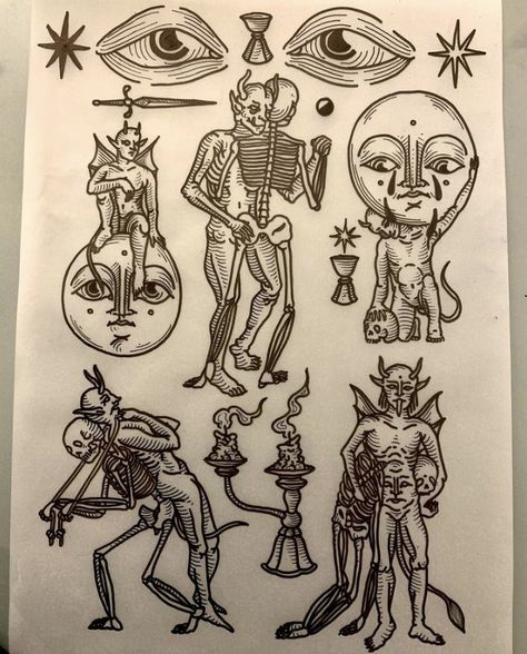 Old English Drawing, Midevil Woodcut Tattoos, Occult Tattoo Flash, Witch Symbols Tattoo, Creepy Traditional Tattoo, Medieval Engraving Tattoo, Occult Tattoo Ideas, Esoteric Symbols Occult, Medieval Tattoo Sleeve