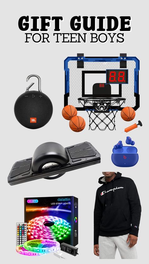 Gift ideas for tech-savvy teen boys, including indoor basketball hoops, high-quality speakers, LED lights, Champion hoodies, electric skateboards, and Beats earbuds. Best Gifts For 7 Year Boy, Teen Gifts Boys, Gifts For 15 Year Boy, Gifts For 16 Year Boy, Gifts For 13 Year Boy, Gifts For 12 Year Boy, Gifts For 11 Year Boy, Teen Boy Christmas Gift Ideas, Gifts For 10 Year Boy