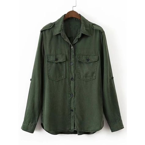 Epaulet Shoulder Flap Pocket Blouse (1,045 DOP) ❤ liked on Polyvore featuring tops and blouses Army Green Blouse, Pocket Blouse, Cheap Blouses, Tops And Blouses, Women Blouses, Loose Shirts, Streetwear Women, Casual Blouse, Online Shopping Clothes