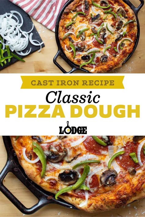 Cast Iron Pizza Crust, Pizza Dough Recipe Cast Iron Skillet, Deep Dish Cast Iron Pizza, Pan Pizza Cast Iron, Cast Iron Pizza With Store Bought Dough, Cast Iron Pizza Dough Recipe, Cast Iron Pizza Dough, Deep Dish Pizza Cast Iron, Pan Pizza Dough Recipe