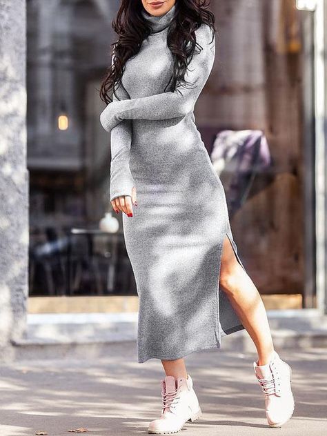 Solid Color Turtleneck Bodycon Midi Dress Maxi Dress Winter, Bodycon Sweater Dress, Dressy Casual Outfits, Sweater Maxi Dress, Long Knitted Dress, Bodycon Maxi Dresses, Looks Black, Sweater Dress Women, Knitted Dress