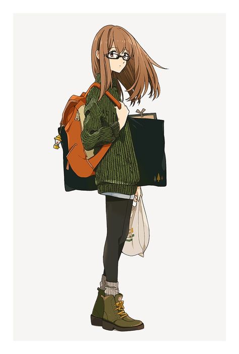 Artist ~ @keisin Long Hair Female, Hair Charm, Backpack Drawing, Girl With Glasses, Alt Outfits, Rimless Glasses, Shoes Shopping, Eyes Brown, Sweater Turtleneck