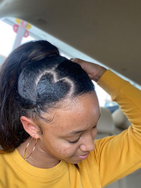 Heart Swoop Ponytail Natural Hair, Heart Swoop Slick Back, Cute Drawstring Ponytail Styles, Heart Side Part Slick Back, Side Part Heart Swoop, Heart Swoop Natural Hair, Heart Swoop Hairstyle Natural Hair, Heart Part Slick Back, Heart Side Swoop