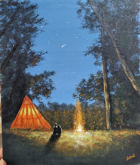 Camping Scene Painting, Family Paint Night Ideas, Space Reference, Scene Couple, Holiday Paintings, Couple Camping, Art Competition Ideas, Night Camping, Tiny Canvas