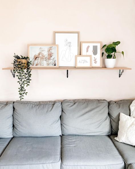 Michelle Triefler on Instagram: “So after all of the changing and painting in our living room, we painted the wall a soft blush color 😍 AND We completed this shelf thanks…” Decor Ideas Above Couch, Shelf Above Couch, Ideas Above Couch, Shelves Above Couch, Decor Above Couch, Above Couch Decor, Couch Wall Decor, Sofa Wall Decor, Floating Shelves Living Room