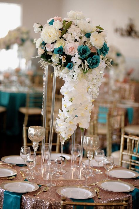 Teal and Rose Gold Teal And Rose Gold Wedding Color Schemes, Rose Gold And Teal Wedding Theme, Rose Gold And Turquoise Wedding Theme, Teal And Rose Gold Wedding, Teal And Gold Wedding Theme, Teal Wedding Decorations, Teal And Gold Wedding, Teal Gold Wedding, Teal Centerpieces