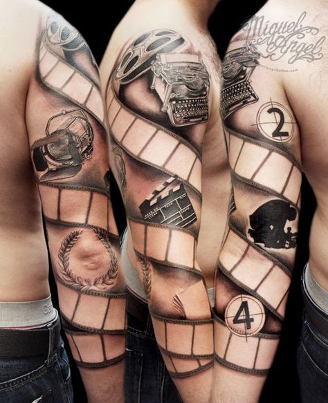 Sleeve Tattoo film reel tattoo which leaves spaces to add his favourite movie posters or similar. love it!: Camera Tattoos, Movie Tattoo, Movie Tattoos, Camera Tattoo, Amazing Tattoos, Theme Tattoo, Tattoos Geometric, Tattoos Skull, Full Sleeve Tattoo