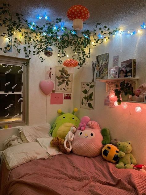 Cute Kawaii Things To Buy For Aesthetic Kawaii Room Fairy Dorm Room Aesthetic, Kawaii Cottagecore Room, Bedroom Aesthetic Cottagecore, Bedroom Inspirations Cottagecore, Fairy Cottagecore Bedroom, Kawaii Cottagecore Bedroom, Simple Cottagecore Bedroom, Neon Cottagecore, Maximalism Cottagecore