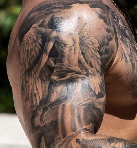 Shoulder Tattoo Men Black, Shoulder Tattoos Men, Eagle Shoulder Tattoo, Upper Shoulder Tattoo, Holy Tattoos, Armpit Tattoo, Icarus Tattoo, Arm Tattoos Black, Second Tattoo