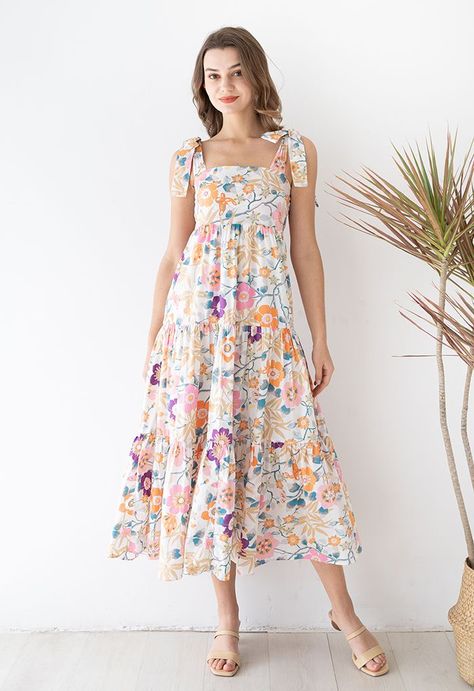 Summer Scenery, Maxi Frocks, Elastic Shirring, Floral Headdress, Frock For Women, Roman Sandals, Led Dress, Blossom Print, Fashion Buyer