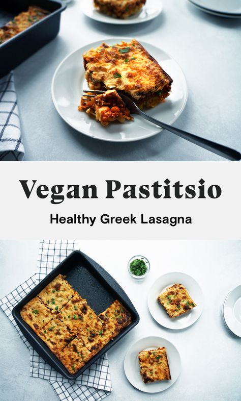 This vegan pastitsio is the ultimate vegan comfort food. A healthier take on the traditional greek lasagna, this veganized version retains the unique flavors of pastitsio without all the animal products. Noodles, lentil sauce, vegan bechamel sauce, and a sprinkle of vegan parmesan make up this delicious dish.  #vegan #vegangreekfood #greekfood #pastitsio #mediterranean #vegancomfortfood Vegan Pastitsio, Vegan Greek Recipes, Greek Lasagna, Vegan Greek, Vegan Casserole, Going Vegetarian, Vegan Comfort Food, Vegan Meal Prep, Seitan