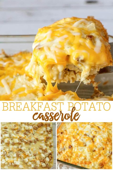 Cheesy Potato Breakfast Casserole - it takes minutes to make and is delicious!! Filled with eggs, milk, sausage, hash browns and cheese, this recipe will become a breakfast favorite. #cheesypotatobreakfastcasserole #breakfastcasserole #cheesypotatocasserole #breakfast #potato Potato Casserole Recipes Breakfast, Breakfast Casserole Potatoes Eggs, Egg Potato Cheese Breakfast Casserole, Egg Casserole Recipes Potato, Potatoe Egg Bake, Brunch Ideas With Potatoes, Potato And Egg Breakfast Casserole, Breakfast Casserole Real Potatoes, Potatoe Egg Casserole Breakfast