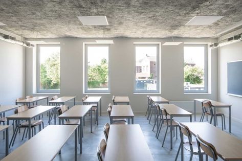 LT2A, OPEN ARCHITECTES, Severin Malaud · Marcinelle Form Development, Classroom Windows, Classroom Architecture, Classroom Window, Classroom Interior, Classroom Images, School Building Design, School Places, Acoustic Ceiling