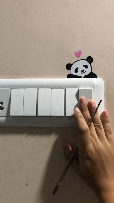 Panda 🐼.... Panda On Switchboard, Panda Painting On Wall, Panda Sketch Pencil Art, Panda Drawing Pencil, Panda Wall Painting, Panda Pencil Drawing, Cute Wall Painting, Switchboard Painting, Panda Bedroom