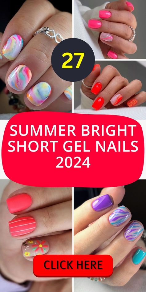 Welcome the summer of 2024 with short gel nails summer bright 2024, featuring a delightful mix of yellow and pink colors. These nails are the perfect representation of summer joy, with their bright hues and cute designs bringing a smile to anyone's face. Whether you're lounging by the pool or enjoying a summer picnic, these nails will keep you in the summer spirit. Gel Nails For Short Nails Summer, Summer Nail Colors Short Nails, Short Summer Gel Nails Design, Vibrant Summer Nails Short, Summer Nail Art For Short Nails, Summer Nail Gel Colors, Simple Gel Nails Short Summer, Gel Polish Nail Art Designs, Bright Summer Short Nails