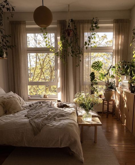 Homey Aesthetic Room, Aesthetic Large Bedroom, Best Room Aesthetics, Bohemian Simple Bedroom, Beige And Sage Bedroom Aesthetic, Botanical Bedroom Ideas Cozy, Plant Cozy Room, Bedrooms With Natural Light, Cute Rental Apartment Ideas