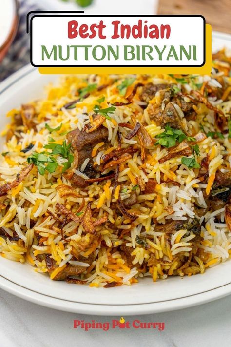 Mutton Biryani on a serving white plate Mutton Biryani Recipe, Lamb Biryani, Fish Biryani, Biryani Recipes, Crispy Fried Onions, Mutton Biryani, Biryani Rice, Recipes To Make At Home, Indian Rice Recipes