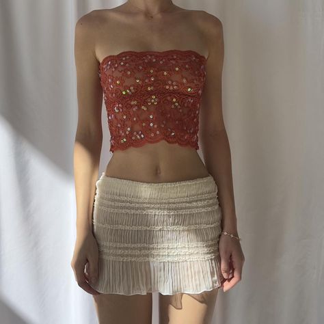 Burnt orange  embroidered beaded sequins lace tube... - Depop Orange Tube Top Outfit, 90s Lingerie, Orange Tube Top, Tube Top Outfit, Tube Top Outfits, Lace Tube Top, Top Summer Outfits, Rhinestone Top, Aesthetic Style