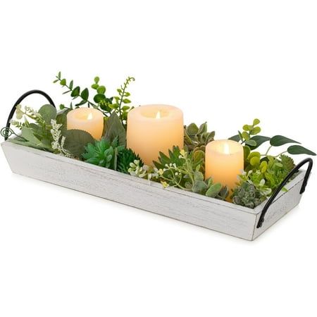 The perfect addition to your home decor collection! Use this decorative tray to hold your favorite candles, vases, or other decorative items, making it a perfect centerpiece for your dining room or coffee table. Alternatively, you can use this serving tray to organize your living room, countertops, or even toiletries, tissues, and lotion over the bathroom sink. Get your hands on this multi-functional tray today and add a touch of elegance and rustic charm to your home decor collection! Size: Siz Rustic Centerpieces Dining Room, Farmhouse Dining Table Decor Centerpiece, Inexpensive Table Centerpieces, Kitchen Table Centerpiece Everyday, Wood Candle Tray, Dining Room Farmhouse, Christmas Dining Table Decor, Clear Glass Candle Holders, Table Centerpieces For Home