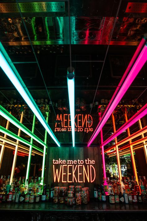 Take me to the weekend. LED neon tubes with infinity mirror. Neon sign for back bar design. Interior design for bars. Rainbow lighting restaurant. Colourful bar design. Cocktail Restaurant Interior Design, Neon Signs For Bar, Bar Neon Lights, Festival Bar Design, Funky Bar Design, Bar Theme Ideas, Bar Interior Design Pub, Neon Bar Aesthetic, Small Bar Design