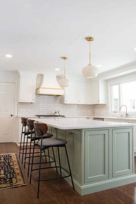 Kitchen Island And Cabinets Different Colors, Kitchen Island Sage Green, Mismatch Kitchen Island, White Cabinets Sage Island, White Cabinets With Sage Green Island, Kitchen Ideas Green Island, Soft Green Kitchen Island, White Green And Gold Kitchen, Sage Green And White Kitchens