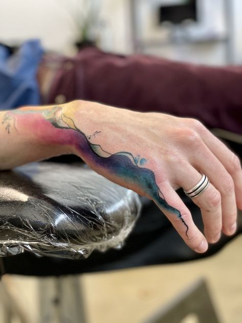 Paint Swipe Tattoo, Watercolor Hand Tattoo, Colorful Abstract Tattoo, Four Seasons Tattoo, Smokey Tattoo, Paint Tattoos, Indian Feather Tattoos, Watercolour Tattoos, Ethereal Nature