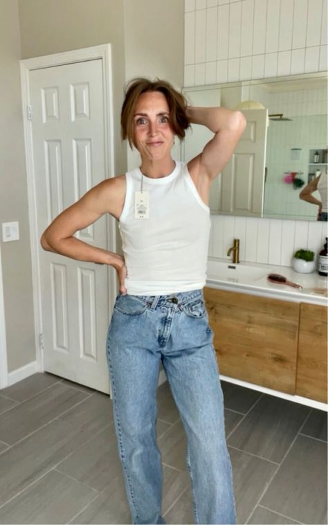 Ribbed Tank Top Outfits With Jeans, Racer Tank Outfit, Wife Beater Outfit Woman, Tank Outfit, Tank Top Outfits, Wardrobe Outfits, Ribbed Tank Top, Ribbed Tank Tops, Ribbed Tank