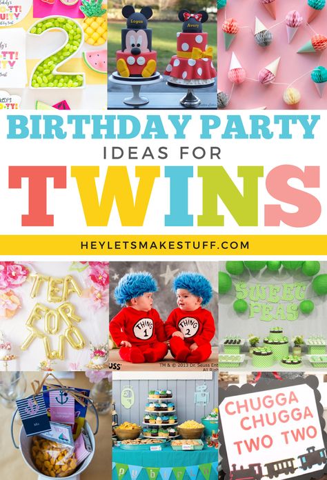 Throwing a birthday party for twins is double the fun! Here are a bunch of twin birthday party themes that are perfect for a pair. Twin 1st Bday Ideas, Twin Theme Party Ideas, Double Trouble Party Theme, 3rd Birthday Theme Twins, One And Two Year Old Birthday Party, First Twin Birthday, Fraternal Twin Birthday Party, Mixed Birthday Party Themes, Two Year Old Twin Birthday Party Theme