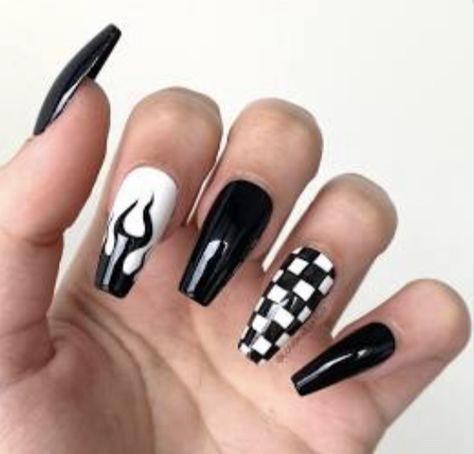 Soccer Nails, Black Acrylic Nail Designs, Flame Nail Art, Creative Nail Art, Custom Press On Nails, Elegant Nail, Black Acrylic Nails, Punk Nails, Hippie Nails