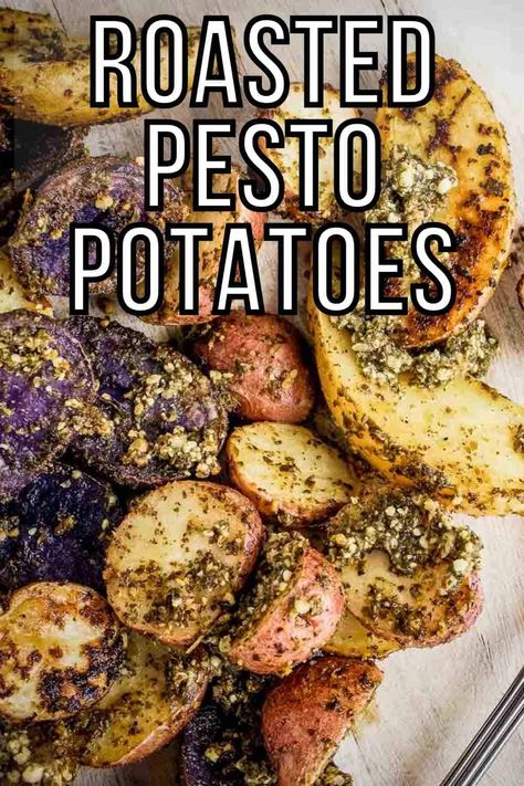 You’ll love these easy Roasted Pesto Potatoes! This recipe yields crispy and tender roasted potatoes with lots of flavor for the best simple side dish on a busy weeknight. These potatoes are tossed in a delicious fresh basil pesto, then roasted to golden perfection. The addition of lemon brightens up and balances the distinct flavors! #roastedpestopotatoes #ovenroastedpotatoes #potatorecipes #potatosidedishes #dizzybusyandhungry Pesto Baked Potato, Pesto Potatoes Roasted, Small Potatoes Recipe, Oven Roasted Baby Potatoes, Boiled Red Potatoes, Fresh Basil Pesto, Creamer Potatoes, Chicken Potato Bake, Pesto Potatoes