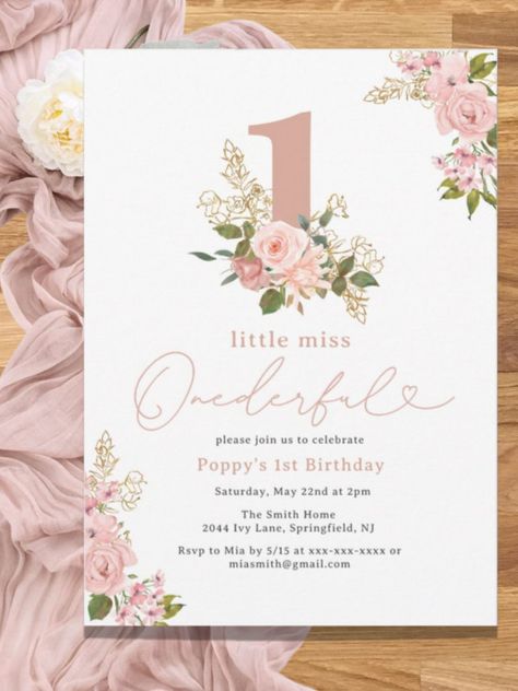 Pink Floral Little Miss Onederful 1st Birthday Invitation #birthday #happybirthday #birthdaycards #birthdayparty #firstbirthday #turningone #floral #onederful Little Miss Onederful, Miss Onederful, Onederful Birthday, 1st Birthday Invitation, 1st Birthday Invitations, Little Miss, Weeding, Birthday Theme, Pink Floral