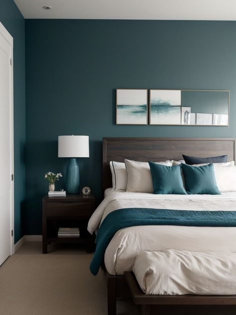 Achieve a modern and stylish look by painting one wall in a deep teal color. Complement it with a sleek wooden bed frame and bedside table, and add some metallic accents for a touch of glamour. Deep Teal Accent Wall Bedroom, Dark Teal Wall Bedroom, Teal And Brown Bedroom, Deep Teal Bedroom, Teal Accent Wall Bedroom, Dark Teal Bedroom Ideas, Dark Teal Bedroom, Navy Bedrooms, Dark Blue Bedrooms