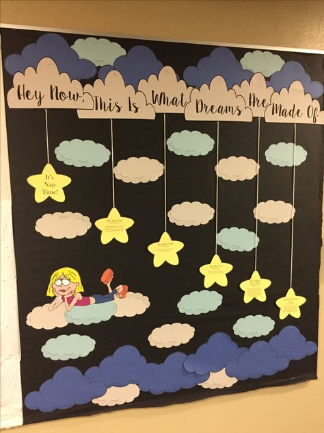 Sleep Habits Bulletin Board Nap Room Bulletin Board, Nap Time Bulletin Boards, Good Habits Board Decoration, Stars Bulletin Board Ideas, Cloud Bulletin Board, Notice Board Decoration Ideas School, Door Decs Ra, Resident Assistant Door Decs, Dorm Bulletin Boards