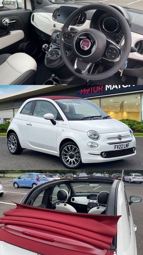 Make your summer getaways even more fun and stylish with the Fiat 500C Dolcevita. This 1.0 MHEV model has an open top, allowing you to feel the warm summer breeze on your face. Start your summer adventures in style - get your Fiat today! #Fiat500C #SummerAdventures Fiat 500 Dashboard, Fiat 500 Black Interior, Fiat 500 White, Fiat 500 Sport, Fiat 500 Automatic, Fiat 500c, Fiat 500 Pop, Rich Life, Pretty Cars