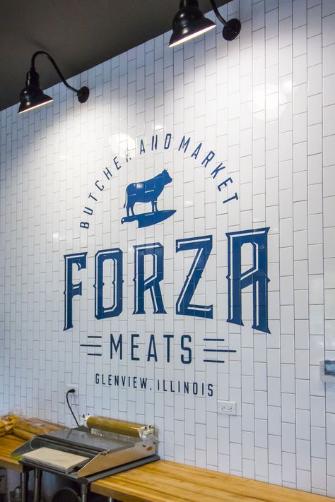 Hand painted signage on tile for Forza Meats in Northbrook by Right Way Signs of Chicago. Painted Signage, Hand Painted Logo, Chicago Signs, Meat Store, Shop Signage, Meat Shop, Building Signs, Sign Painting, Bbq Restaurant