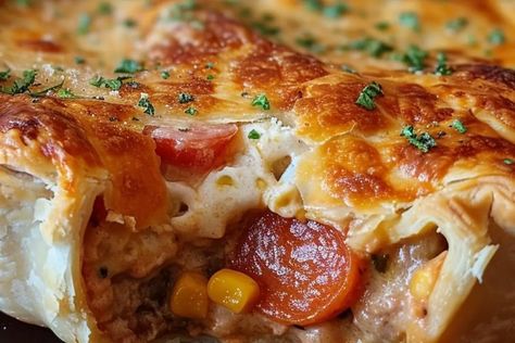 Pot Pie Pizza, Pizza Pot Pie Recipe, Casserole Dinners, Pizza Pot Pie, Pizza Pasta Casserole, Pizza Pies, Pizza Games, Pizza Sandwich, Tasty Snacks