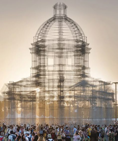 wire mesh structures stand omnisciently over coachella music festival Architecture Replica, Festival Installation, Architecture Baroque, Dream Castle, Coachella Music Festival, Coachella Music, Coachella Valley Music And Arts Festival, Coachella Valley, Baroque Architecture