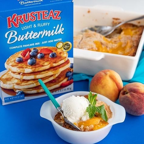 Pancake Mix Cobbler Recipe, Peach Cobbler Pancake Batter, Pancake Mix Apple Cobbler, Pancake Mix Peach Cobbler, Cobbler With Pancake Mix Recipe, Peach Cobbler With Pancake Mix Recipe, Pancake Mix Cobbler, Krusteaz Pancake Mix Recipes, Krusteaz Pancakes