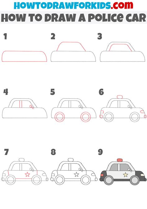 how to draw a police car step by step How To Draw A Police Car, Police Car Drawing Easy, How To Draw A Car Step By Step, How To Draw A Car, Police Car Drawing, Car Drawing For Kids, Police Drawing, Cars Preschool, Simple Car Drawing