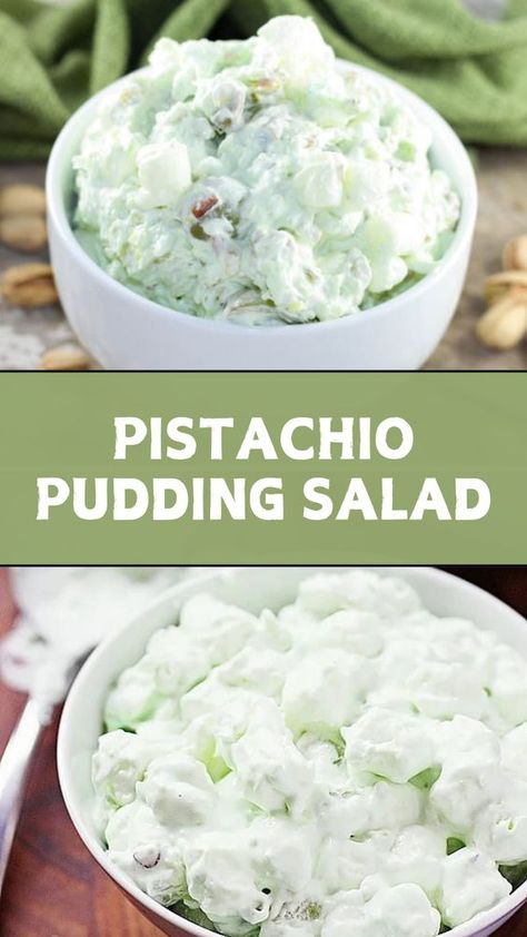 My mom is famous for this pistachio pudding salad, and while it is more dessert than salad, it's still the perfect summer side dish! Pistachio Pudding Dessert, Pistachio Pudding Salad, Pudding Salad, Pistachio Dessert Pudding, Pistachio Fluff, Deserts Recipes, Fruit Salad With Pudding, Pistachio Dessert, Pumpkin Pie Recipe Easy