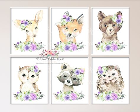 Pink Flower Nursery, Blush Pink Nursery, Lavender Nursery, Woodland Nursery Girl, Animal Bedroom, Girls Bedroom Art, Purple Nursery, Watercolor Woodland