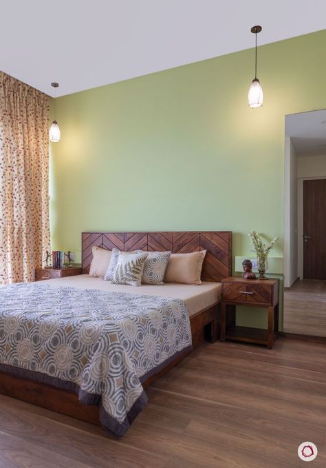 Smart Spaces in Pretty Pastels: 3BHK Comes to Life India House Plan, Wall Color Ideas Bedroom Indian, India Bedroom Decor, Indian Bed Rooms Ideas, Ethnic Bedroom Decor, Indian Bedroom Colour Ideas, Pastel Green Wall, Pastel Wall Color Ideas, Ethnic Bedroom