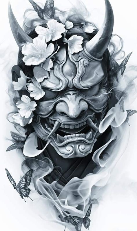 Oni Mask Tattoo Back, Omi Mask Tattoo, Samurai Mask Tattoo Design, Hannya Mask Drawing, Japanese Hannya Mask Tattoo Design, Japanese Oni Art, Japanese Mask Tattoo Design, Japan Mask Tattoo, Japanese Samurai Tattoo Design