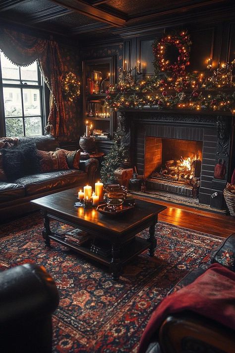 Lounge Christmas Decor, Red Black Christmas Decor, Christmas Victorian Decoration, Victorian Gothic Christmas, Christmas Hearth Ideas, Dark Red Christmas Decor, Cherry Wood Living Room, Old Time Christmas Decorations, Winter Mood Cozy