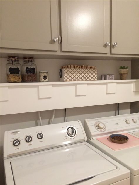 Shelf made to hide water plumbing. Laundry Room Plumbing Cover Up, Laundry Room Shelf To Hide Plumbing, Hiding Laundry Room Hookups, Hide Laundry Hookups, Hide Laundry Room, Hide Washer And Dryer, Utility Sink Skirt, Quarter Bathroom, Laundry Room Plumbing