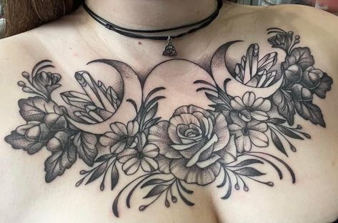 Women Shoulder Chest Tattoo, Female Upper Chest Tattoo, Flower Tattoos Chest Women, Women Front Neck Tattoo Ideas, Womens Chest Piece Tattoo, Gothic Chest Piece Tattoo, Alternative Chest Tattoo, Large Witchy Tattoos, Chest Tattoo Female Plus Size